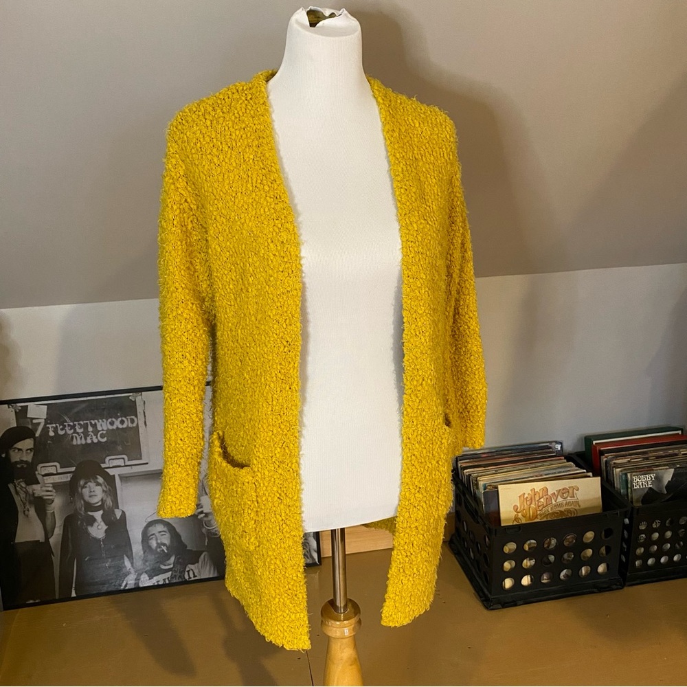 Shaggy Boho Cardigan Sweater Mustard Yellow